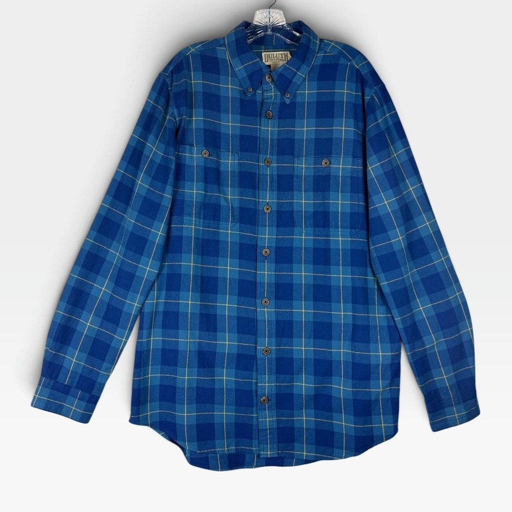 Duluth Trading Co Plaid Flannel Shirt Mens L Tall Blue Cotton Button Down